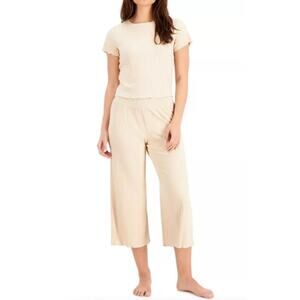 ALFANI WOMENS SIZE LARGE RIBBED CAPRI PAJAMA PANTS SET CREAM NEUTRAL NWT